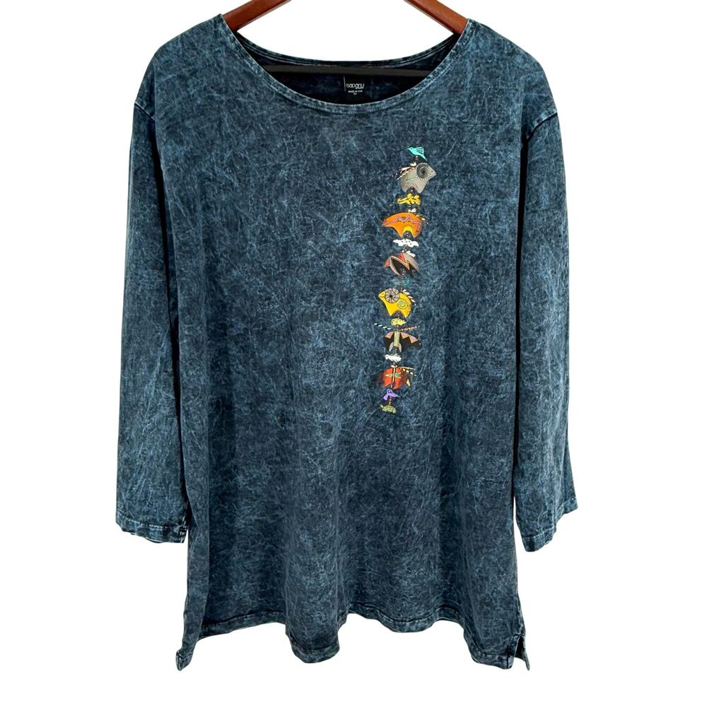 NEW NWOT Sabaku Artwear Plus Size 1X Blue Tribal Wearable Art Blouse Shirt Top